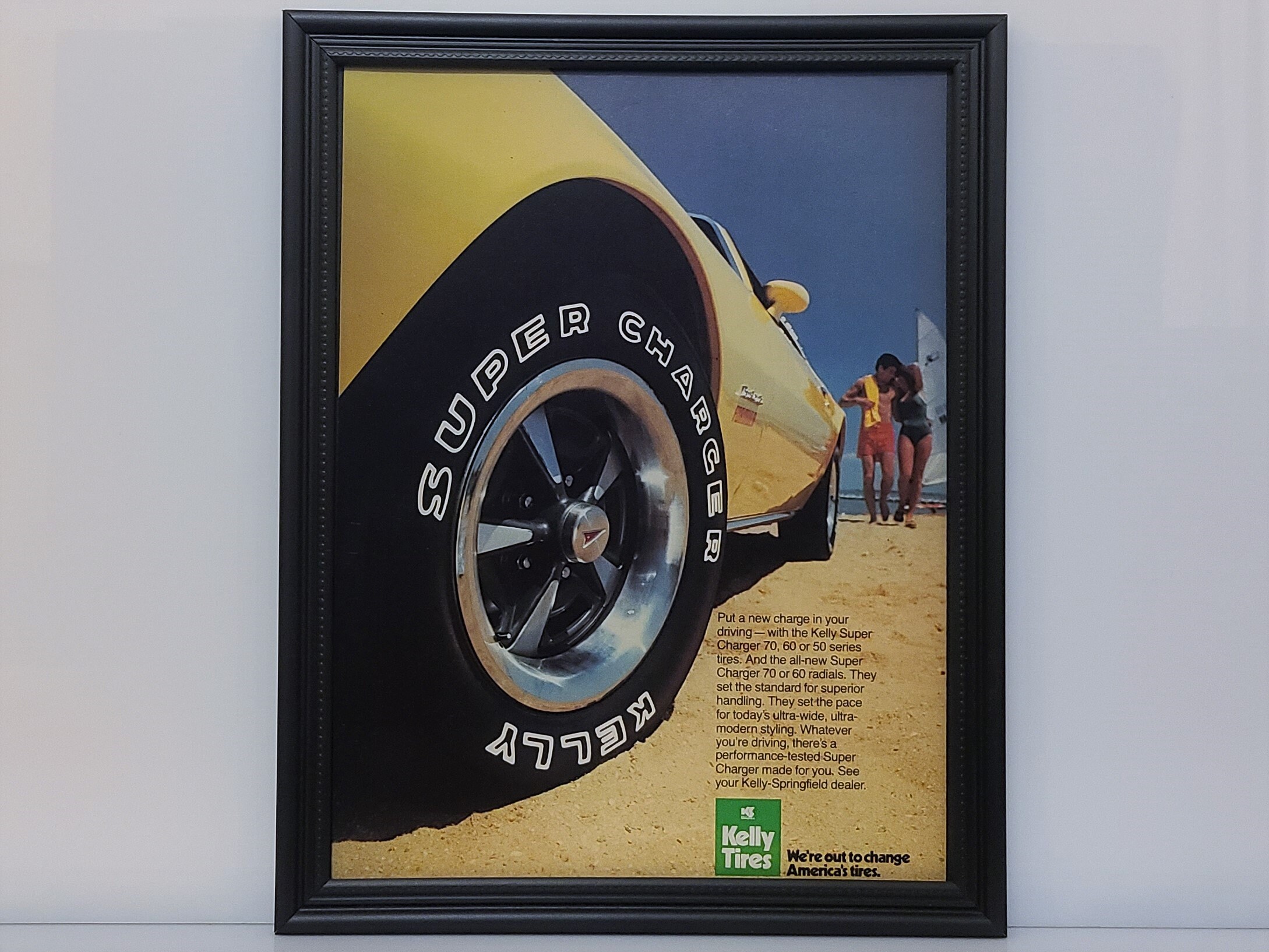 Framed Vintage 70's Kelly Tires Ad 1979 Chevrolet Corvette Super
