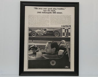 Framed Vintage 60's Champion Ad 1965 Jim Clark Indy 500 Race Car Ford Lotus Classic B&W Advertisement Automotive Wall Art Photo Retro Poster