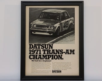 Framed Vintage 70's Car Ad 1971 Datsun 510 Trans-Am Race Champion Advertisement Automotive Classic B&W Wall Art Photo Poster