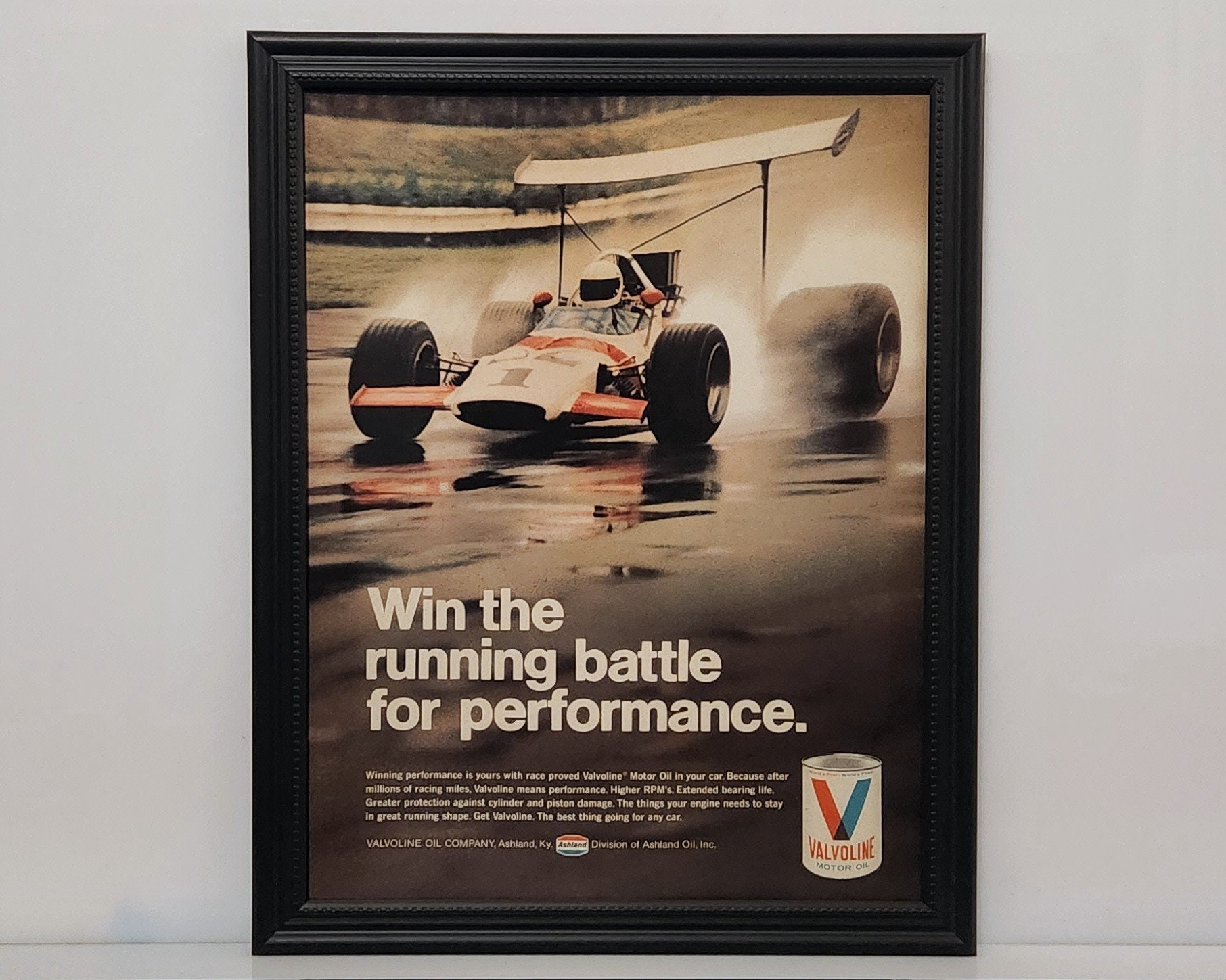 Framed Vintage 1970 Valvoline Ad Formula 1 Race Car Lotus Mclaren