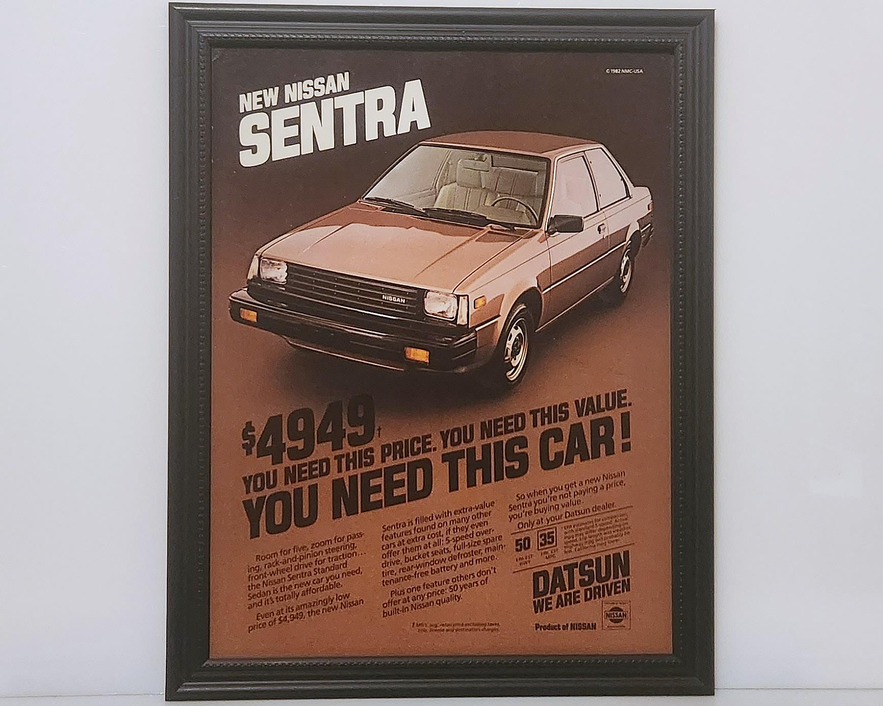 Framed Vintage 80's Car Ad Nissan Sentra Coupe 1982 1983 1984 1985