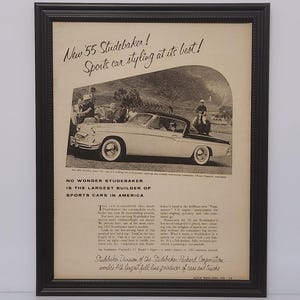 May include: A black and white vintage advertisement for the 1955 Studebaker. The ad features a black and white photo of a Studebaker car with a caption that reads "New '55 Studebaker! Sports car styling at its best!" The ad also includes text that reads "No wonder Studebaker is the largest builder of sports cars in America."