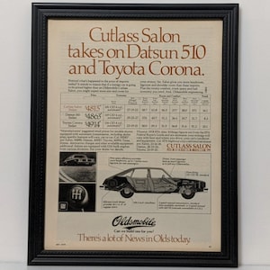 Framed Vintage 70&#39;s Car Ad 1978 Oldsmobile Cutlass Salon Classic Advertisement Automotive Wall Art Photo Retro Poster