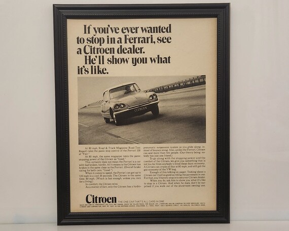 Framed Retro 70's Car Ad 1970 Citroen DS Advertisement Vintage B&W