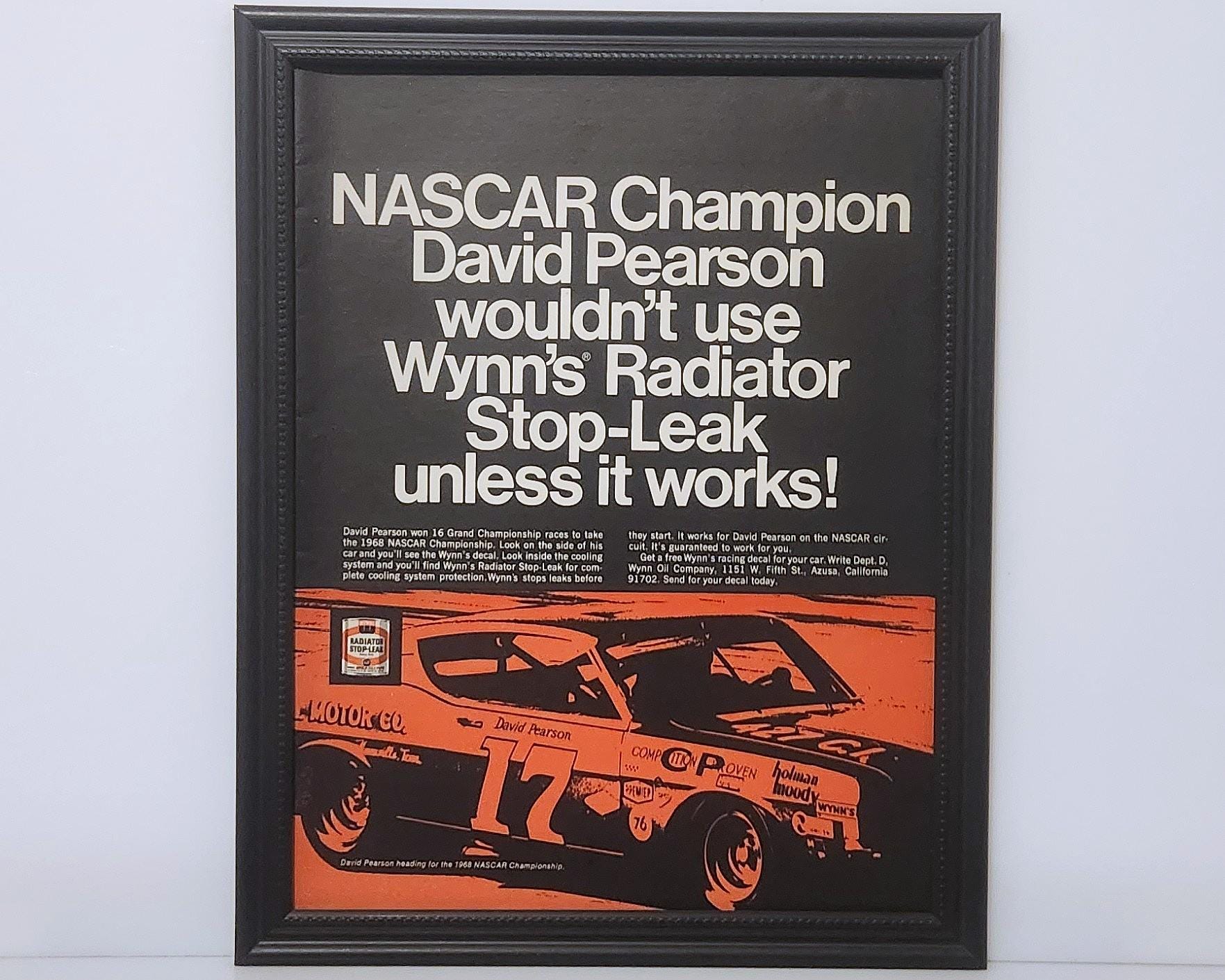 Framed Vintage 60's Wynn's Ad 1968 Ford Gran Torino #17 Nascar