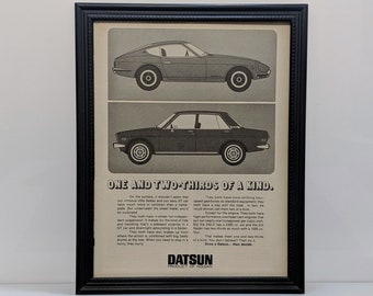Framed Vintage 70's Car Ad 1971 Datsun 240-Z Fairlady 510 Sedan 240Z Advertisement Automotive Classic B&W Wall Art Photo Poster