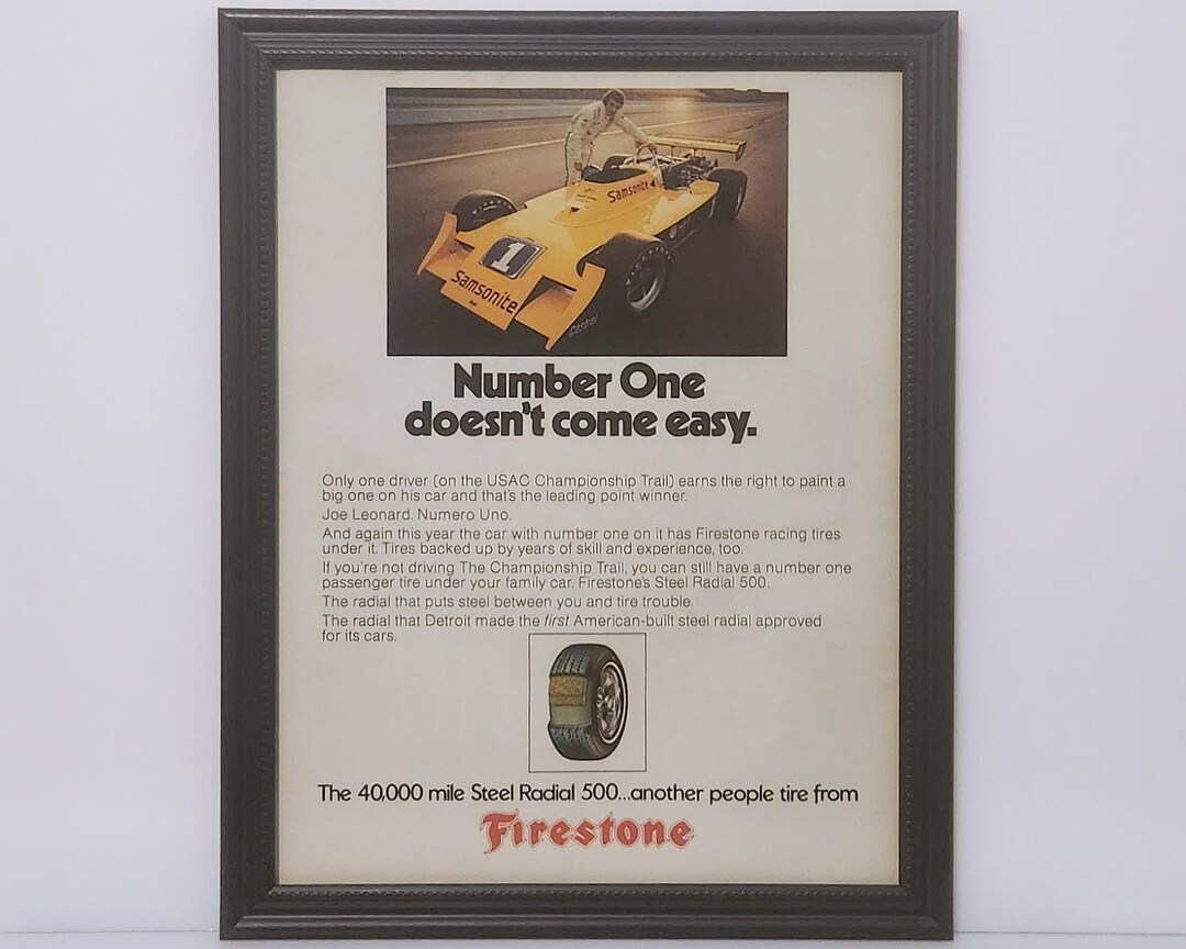 Framed Vintage 70's Firestone Ad 1973 Parnelli Offy VPJ2 Formula 1