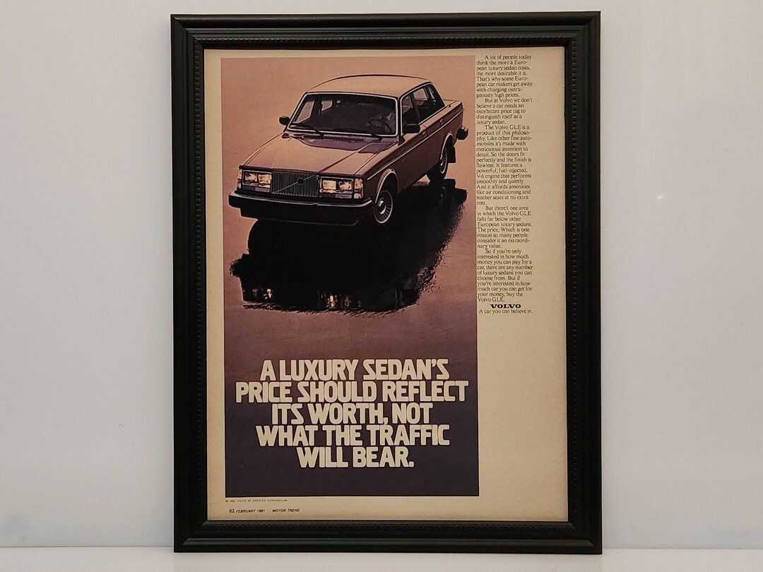 Framed Vintage 80's Car Ad Volvo 240 GLE Sedan 1981 Classic B&W ...