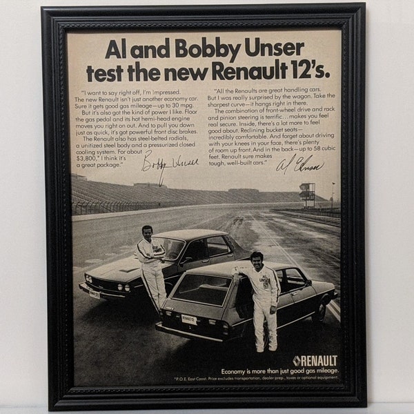 Encadré 70's Car Ad 1975 Renault 12 Al et Bobby Unser Racing Driver vintage Publicité Automobile Classic B&W Wall Art Photo Rétro Poster