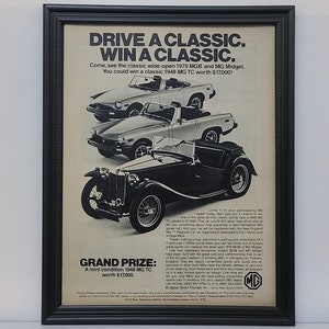Framed Vintage 70&#39;s Car Ad 1979 MG MGB Midget 1948 TC Roadster Classic Automotive Advertisement Retro Wall Art Photo Poster