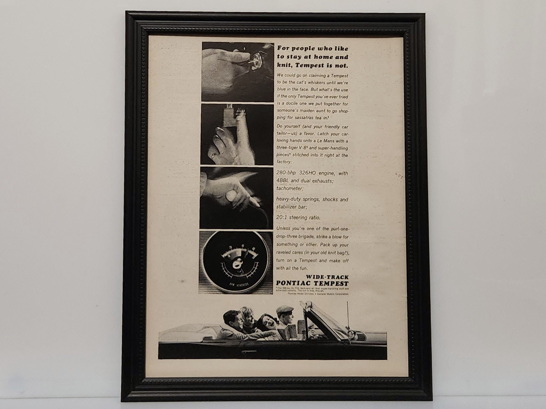 Framed 60's Vintage Car Ad 1963 Pontiac Tempest Convertible Wide Track 326HO V8 B&W Advertisement Automotive Classic Wall Art Photo Poster