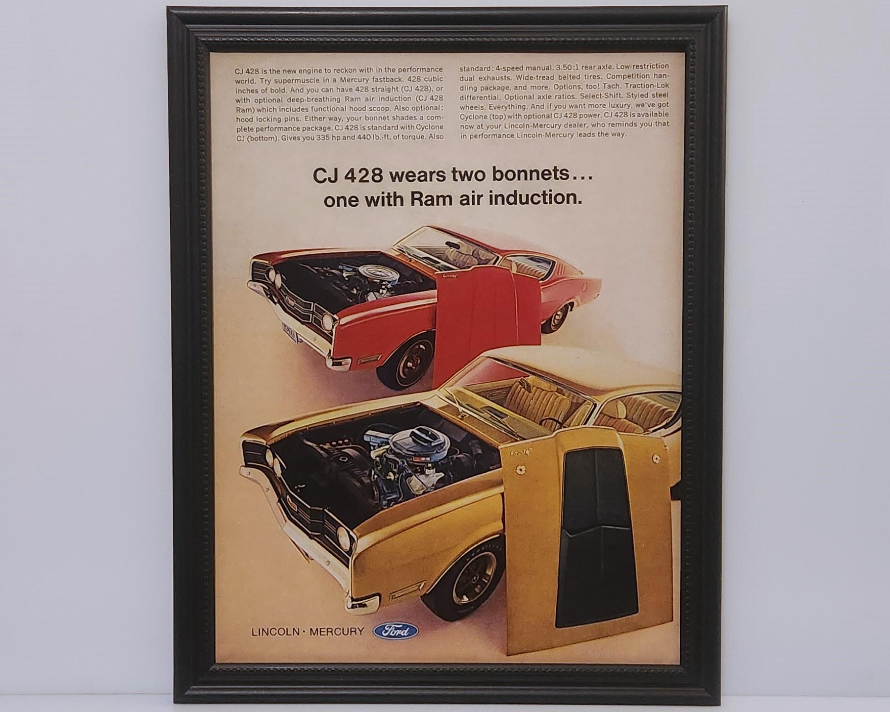 Framed Vintage 60's Car Ad 1969 Mercury Cyclone CJ 428 & Cobra Jet