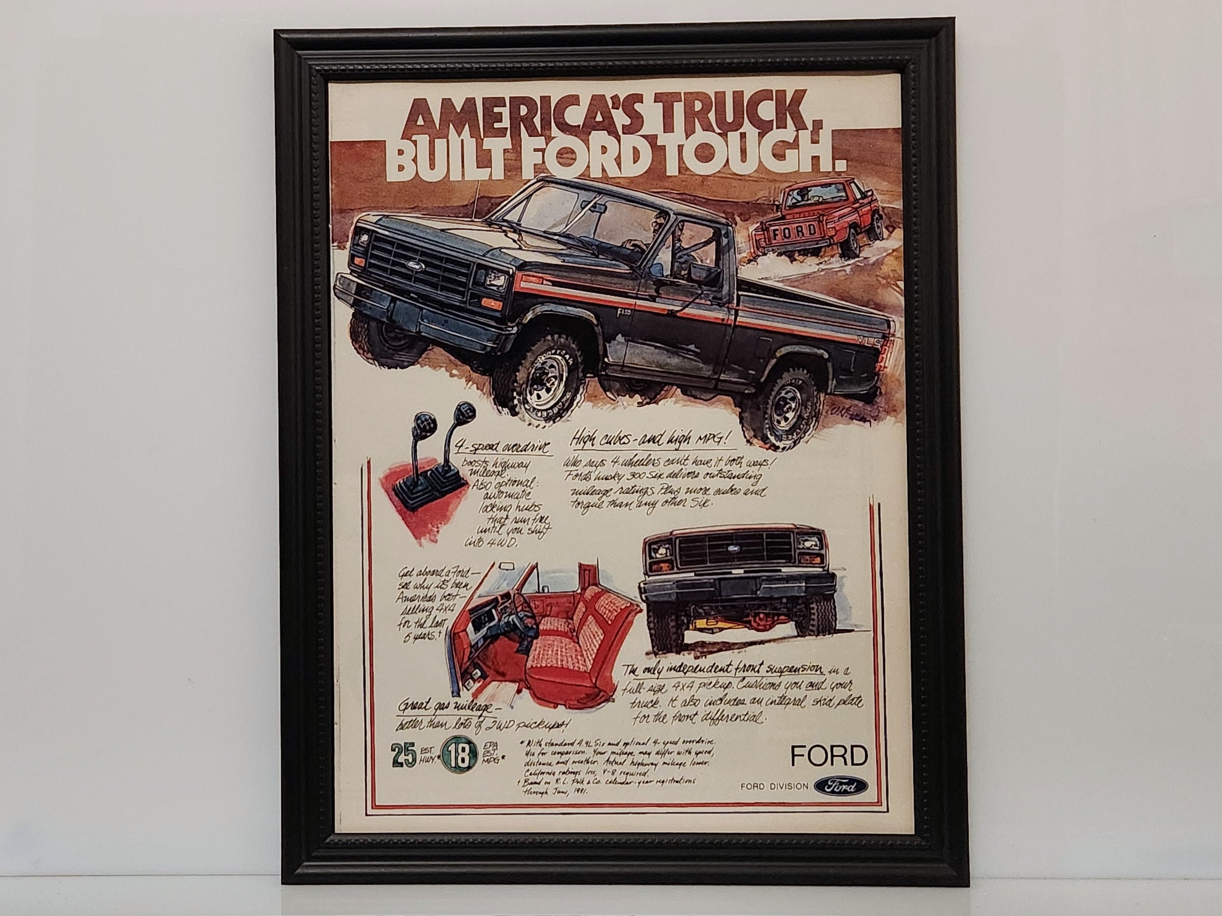 Framed Vintage 80's Car Ad Ford F150 Pickup Truck 4x4 1981 Classic