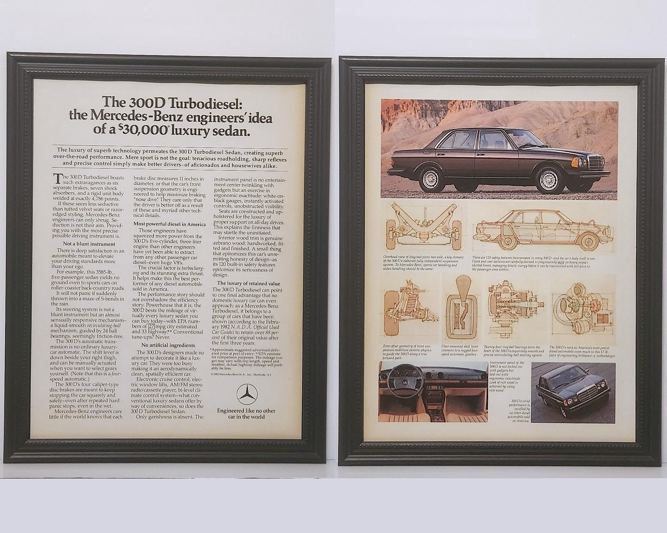Framed Vintage 80's Car Ad Mercedes Benz 300D Sedan W123 Turbo
