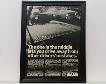 Framed 60's Car Ad 1967 SAAB 96 V-4 V4 Advertisement Vintage Automotive B&W Classic Wall Art Photo Poster