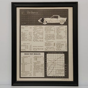 Framed Vintage 60&#39;s Saab Sonett V-4 1968 Specs Road Test Magazine Results Classic Car Specifications B&W Photo Poster