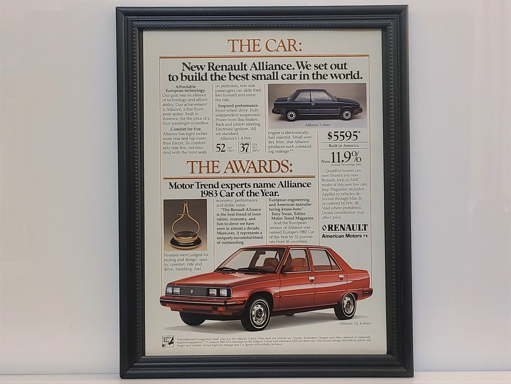 Framed 80's Car Ad 1983 Renault Alliance Retro Advertisement