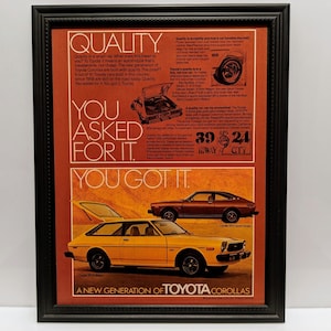 Gerahmte Vintage 70er Jahre Auto Anzeige Toyota Corolla SR-5 Liftback & Sport Coupe 1976 Klassische Werbung Automobil Wand Kunst Foto Poster