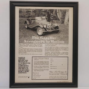 Framed Vintage 70&#39;s Car Ad 1979 Gazelle Kit 1929 Mercedes SSK Roadster VW Bug Classic Automotive Advertisement Retro Wall Art Photo Poster