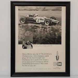Framed 60&#39;s Vintage Champion Ad 1967 Grand Prix Danny Hulme Repco Brabham Race Car F1 GP Classic Racing B&W Photo Wall Art Poster Artwork