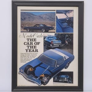 Pubblicità di un'auto d'epoca degli anni '70 incorniciata, manifesto pubblicitario della Chevrolet Monte Carlo Classic del 1973