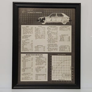 Framed Vintage 70&#39;s Car Ad Plymouth Horizon 1978 Specs Road Test Magazine Results Classic B&W Automotive Wall Art Photo Poster