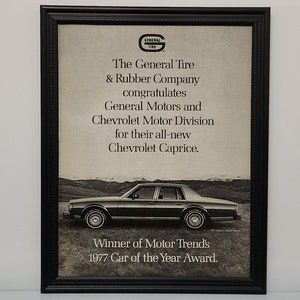 Framed Vintage 70&#39;s General Tire Ad 1977 Chevrolet Caprice Car of the Year B&W Advertisement Automotive Classic Wall Art Photo Poster