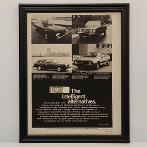 Framed Vintage 70&#39;s Car Ad Lancia Beta Lineup Scorpion Coupe Sedan Wagon 1976 Classic Advertisement Automotive Wall Art Photo Poster
