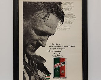 Framed 60's Vintage Castrol Ad 1968 1967 Dan Gurney Indy 500 Race Car Driver Classic Racing Photo Automotive Wall Art Poster Artwork