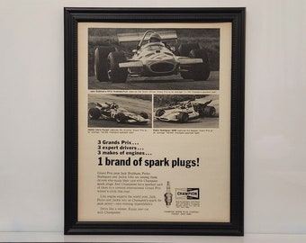 Framed Vintage 70's Champion Ad 1970 Grand Prix Brabham Ferrari BRM  Advertisement Retro B&W Automotive Classic Wall Art Photo Poster