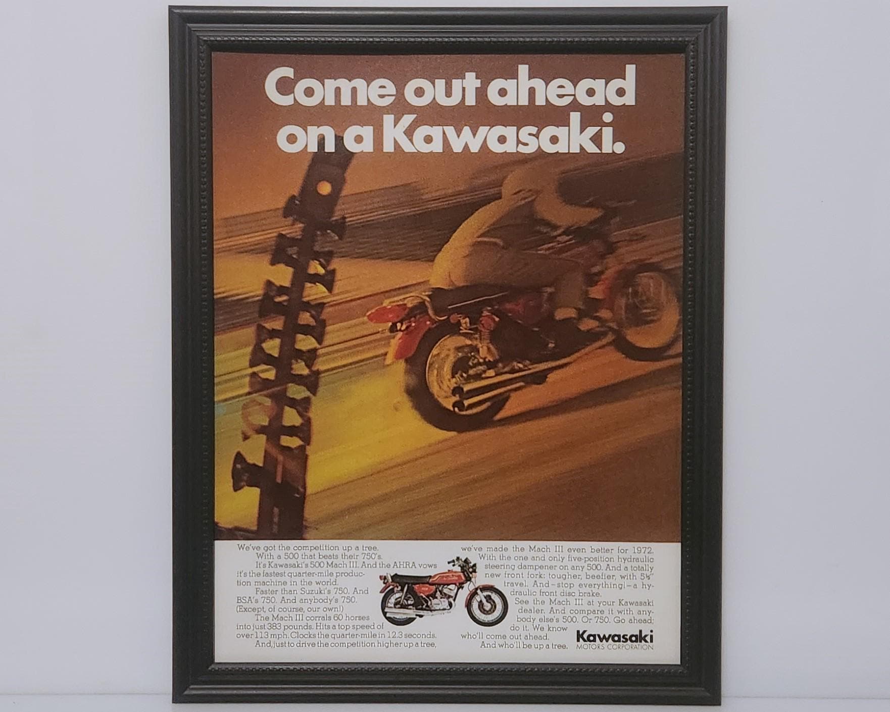 Framed Vintage 70's Bike Ad Kawasaki H1 500 Mach III Classic