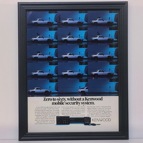 Framed Vintage 80's Kenwood Car Stereo Ad 1987 Porsche 928 Gone In 60 Seconds Retro Automotive Advertisement Classic Wall Art Photo Poster