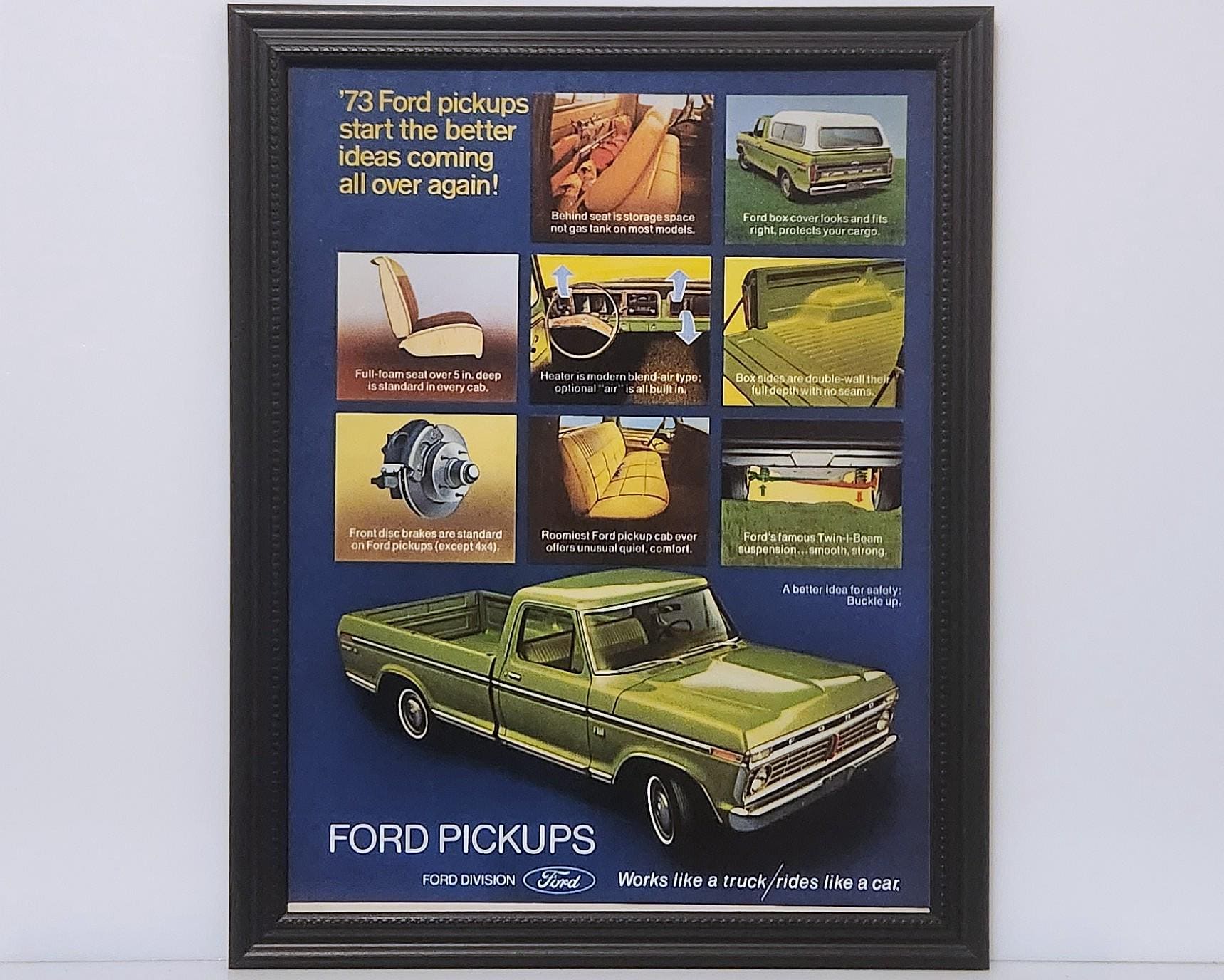 Framed Vintage 70's Car Ad 1973 Ford Pickup Truck F-150 F100