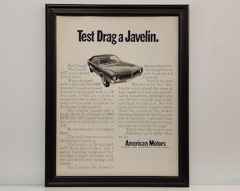 Framed 60's Vintage Car Ad 1968 AMC Javelin Retro B&W Advertisement Automotive Classic Wall Art Photo Poster