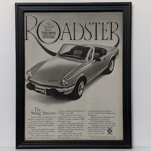 Framed Vintage 70&#39;s Car Ad 1978 Triumph Spitfire Roadster Convertible Advertisement Automotive Classic B&W Wall Art Photo Retro Poster
