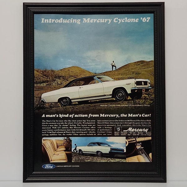 Framed Vintage 60's Car Ad 1967 Mercury Comet Cyclone GT Coupe Classic Muscle Advertisement Automotive Wall Art Photo Poster