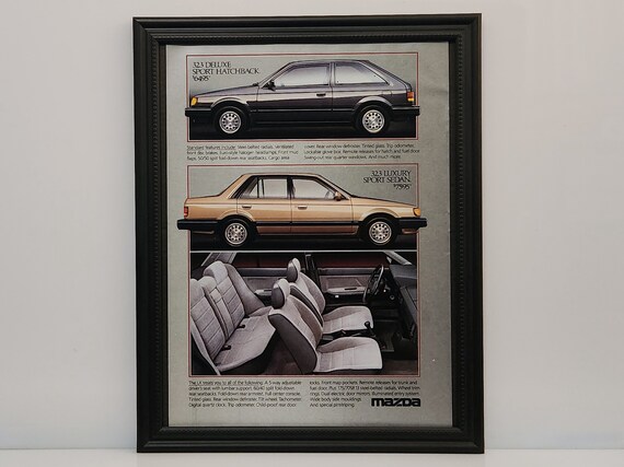Framed Vintage 80's Car Ad Mazda 323 Hatchback & Sport Sedan 1986