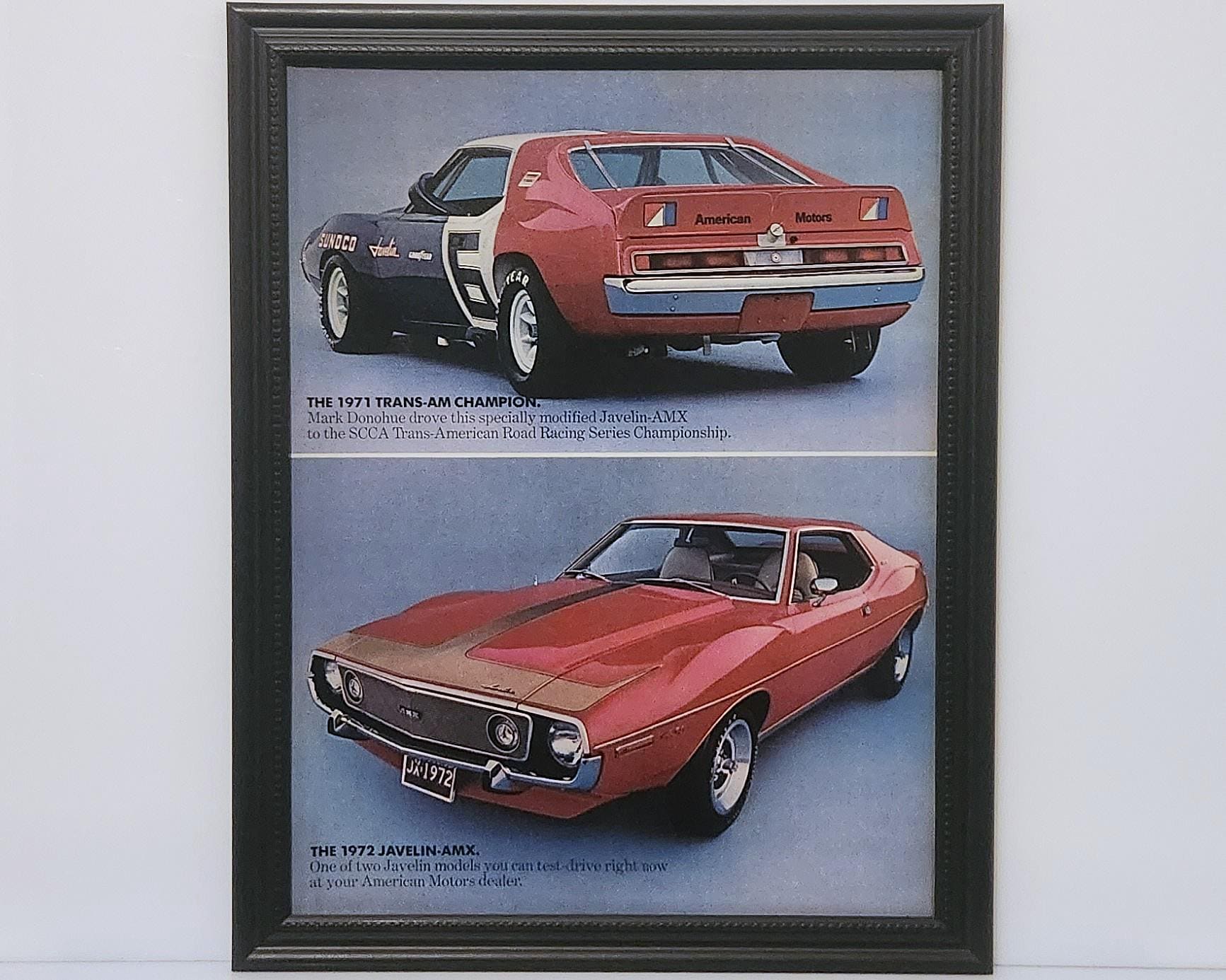 Framed Vintage 70's Car Ad 1972 AMC Javelin AMX & 1971 Trans-am