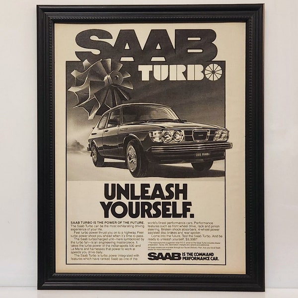 Framed 70's Vintage Car Ad 1978 Saab 99 Turbo Retro Advertisement Automotive Classic B&W Wall Art Photo Poster