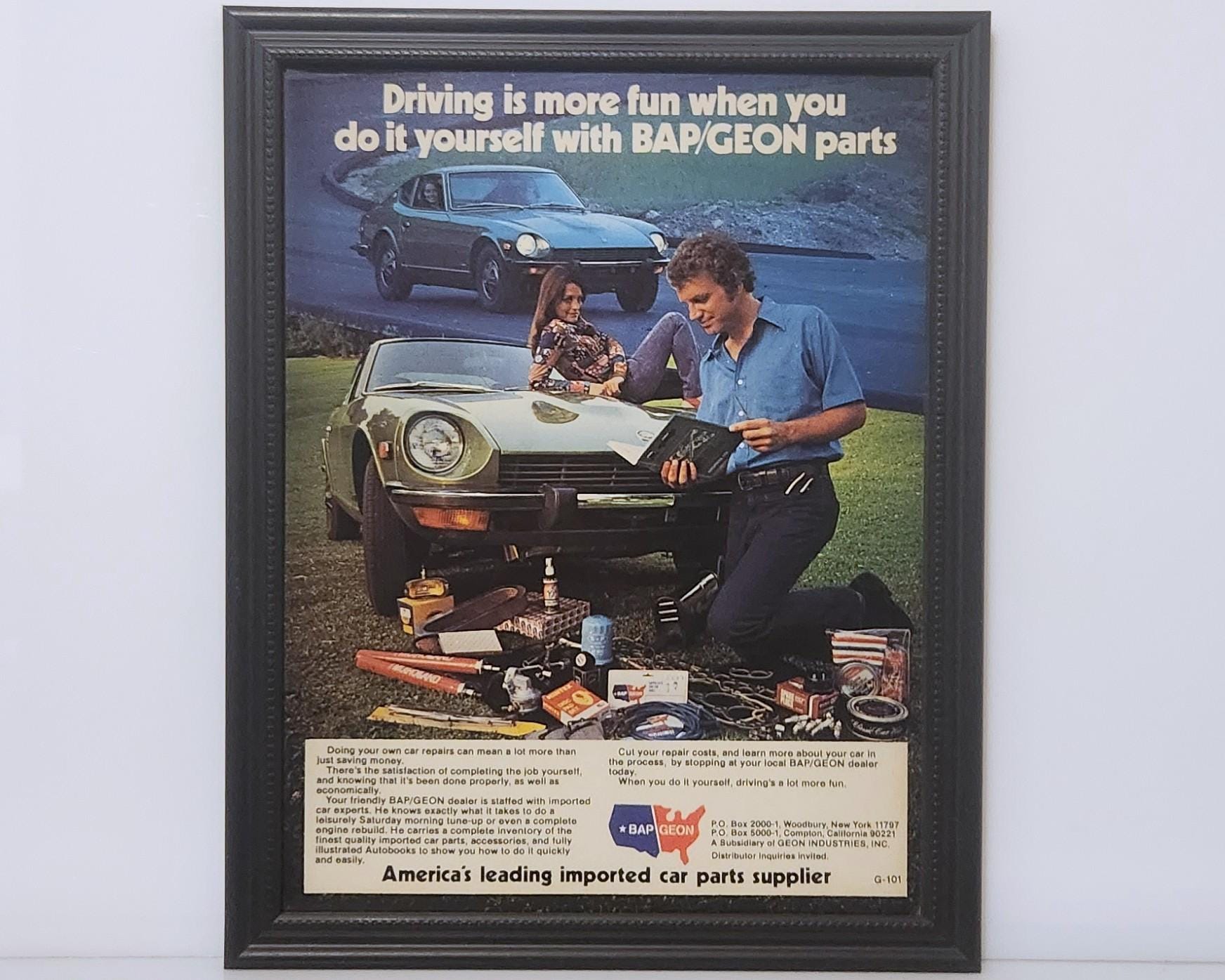 Framed 70's Vintage Ad Datsun 260Z Bap Geon Car Parts Classic