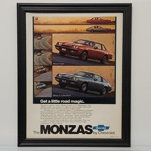 Framed Vintage 70&#39;s Car Ad 1977 Chevrolet Monza Coupe and 2+2 Hatchback Advertisement Automotive Classic Wall Art Photo Poster