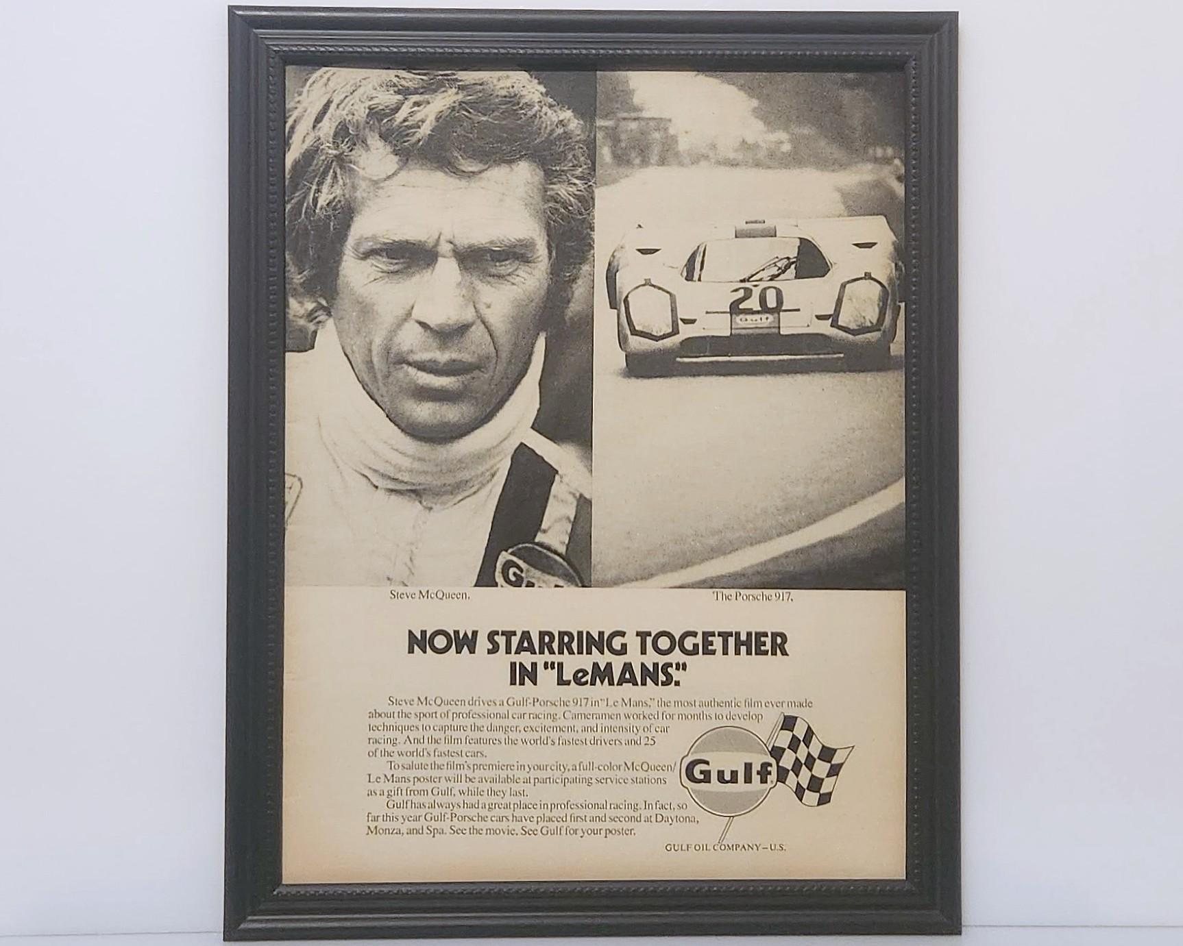 Framed Vintage 70's Gulf Ad Porsche 917 K Le Mans Race Car Steve