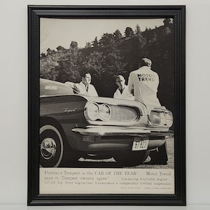 Framed 60&#39;s Vintage Car Ad 1961 Pontiac Tempest Car Of The Year B&W Advertisement Automotive Classic Wall Art Photo Poster