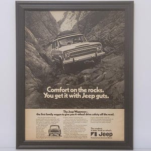 Framed Vintage 70&#39;s Car Ad AMC Jeep Wagoneer 1971 1972 4x4 Rock Crawling Off Road Classic Advertisement Photo Poster