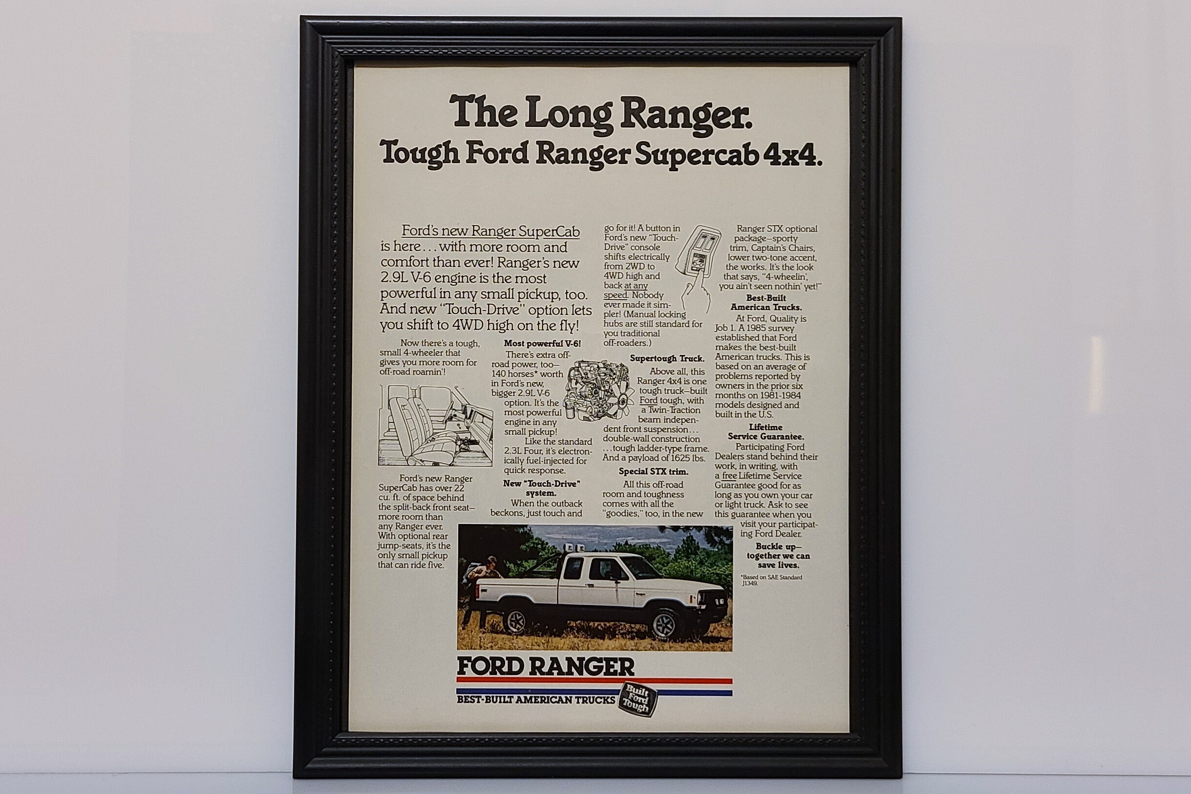 Framed Vintage 80's Car Ad Ford Ranger 4x4 Pickup Truck 1986 Classic Advertisement Automotive Wall Art Photo Poster