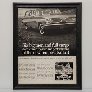 Framed 60's Vintage Car Ad 1961 Pontiac Tempest Safari Wagon B&W Advertisement Automotive Classic Wall Art Photo Poster