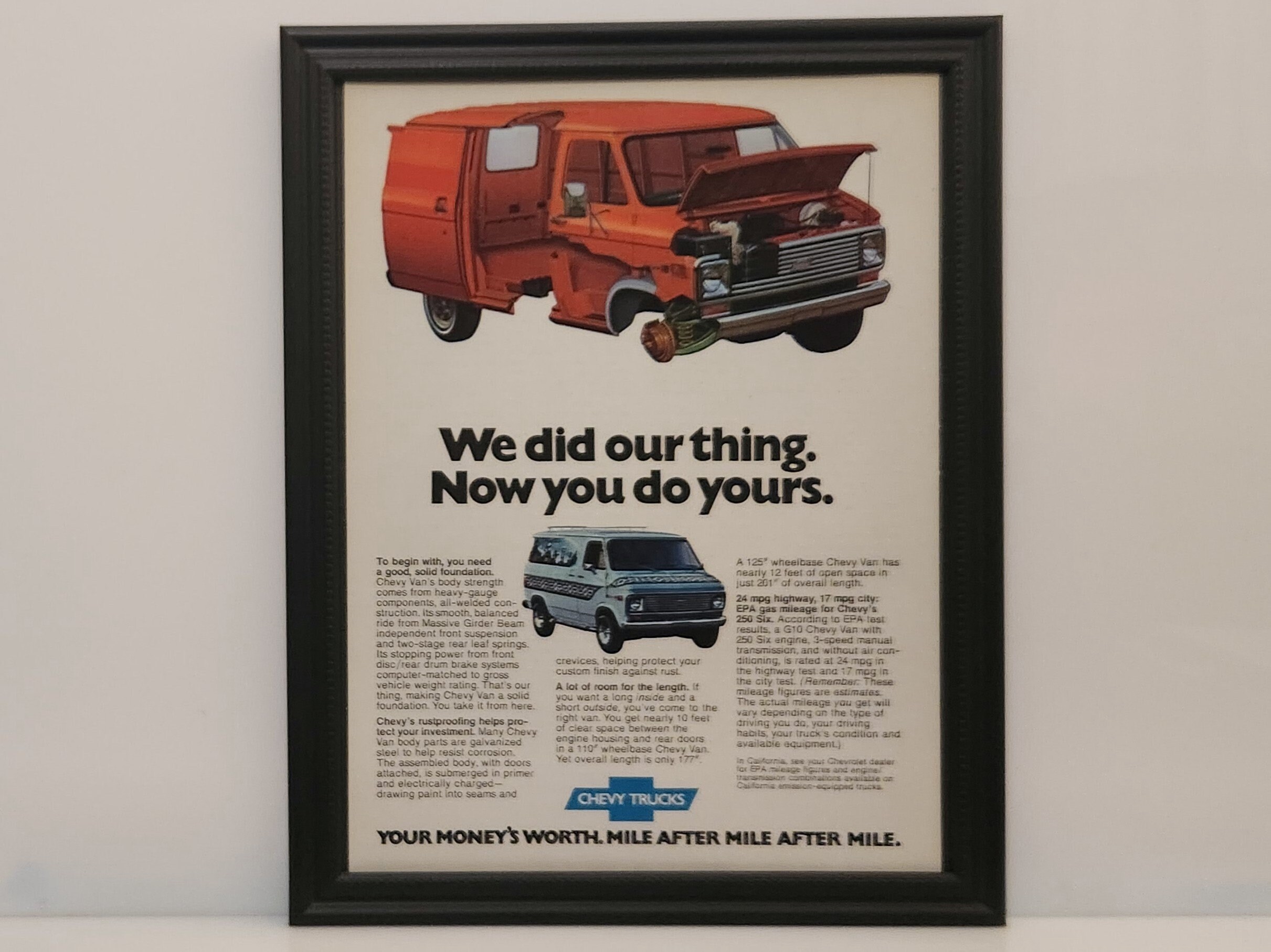 Framed Vintage 70's Car Ad Chevrolet Van Custom G10 G20 1976
