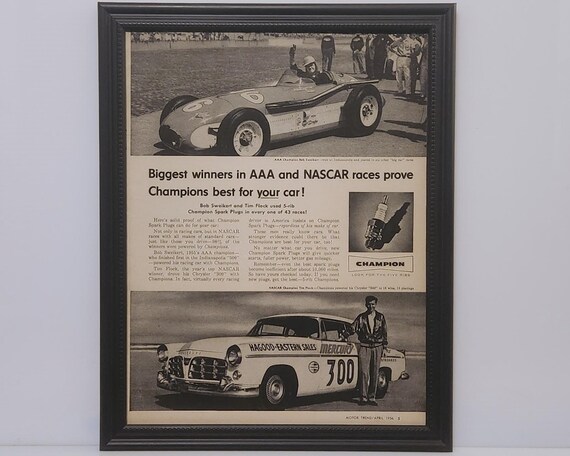 Framed Vintage 50's Champion Ad 1955 Race Cars NASCAR Chrysler