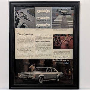 Framed 70&#39;s Car Ad 1976 Ford Granada Vintage Advertisement Automotive Classic Wall Art Photo Retro Poster
