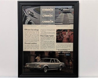 Enmarcado 70's Car Ad 1976 Ford Granada Vintage Publicidad Automotriz Clásico Wall Art Photo Retro Poster